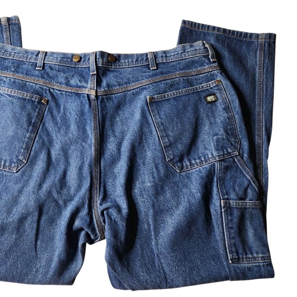 Key Mens Jeans Carpenter Blue Denim Workwear Medium Wash Straight Leg 46X32 - Picture 5 of 11
